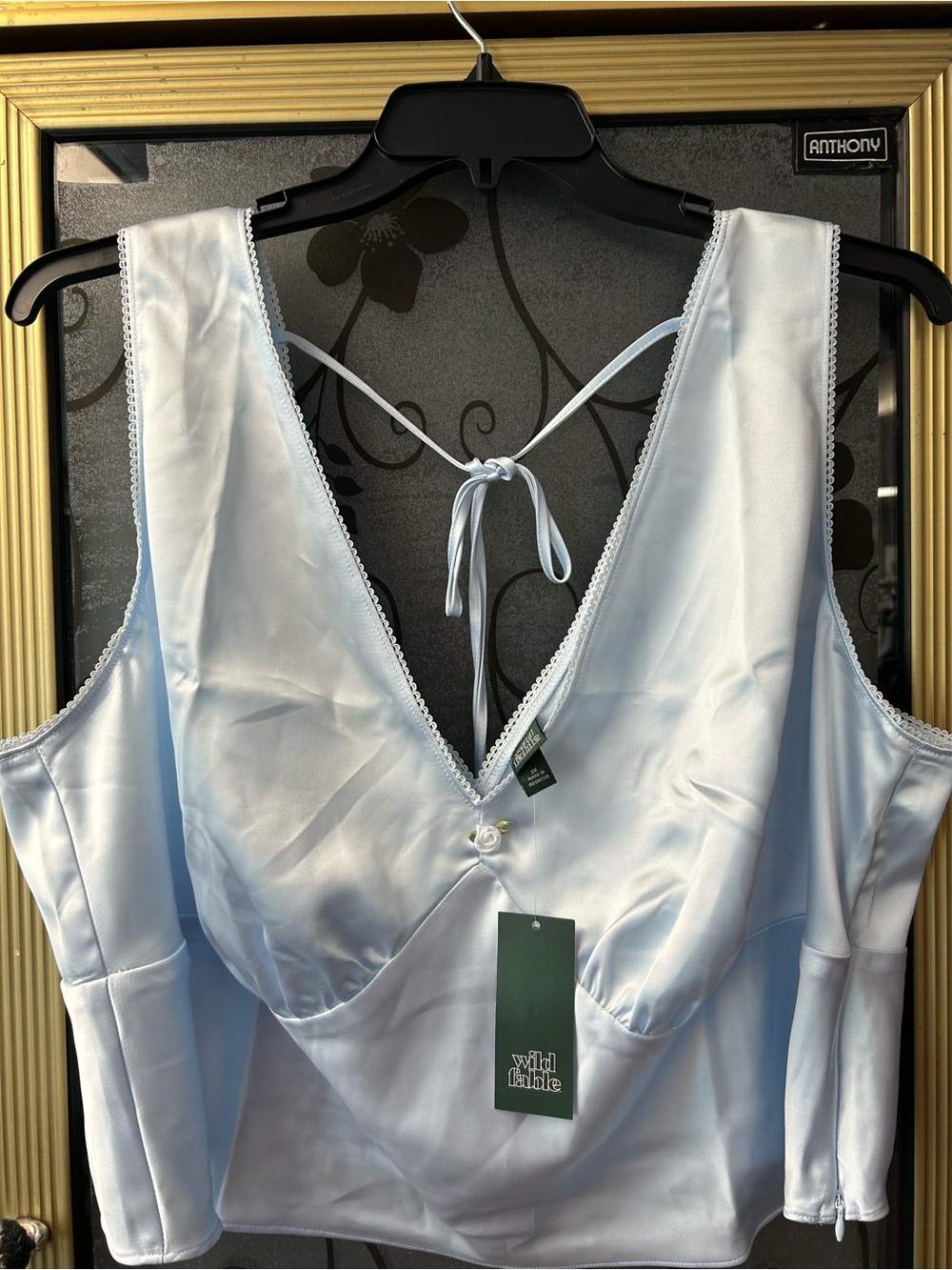 wild fable Light Blue Satin V-Neck Sleep Cami with Back Tie